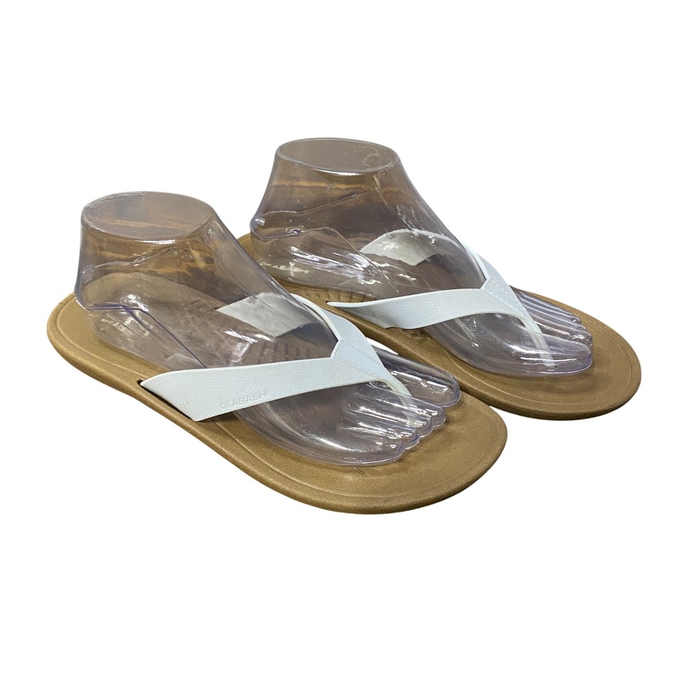 Okabashi Women White Tan Thong Flip Flop Sandals Flat Casual Beach shoes L (9.5)